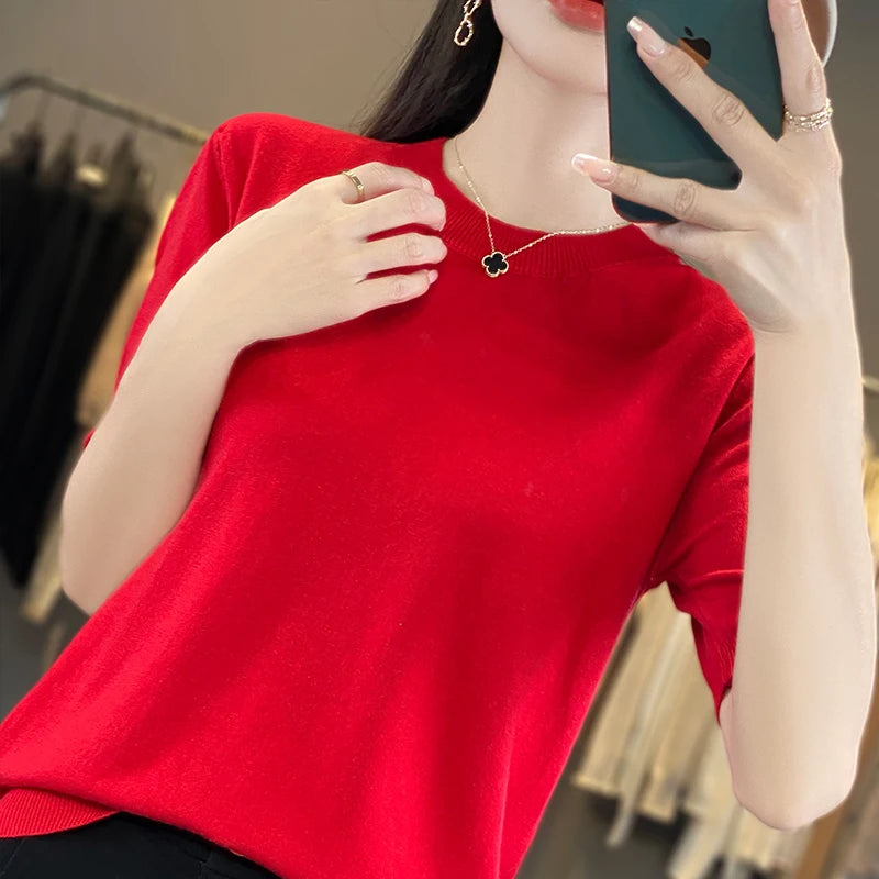 Women Short-Sleeved Knitwear Top O-Neck Lyocell Summer Tee