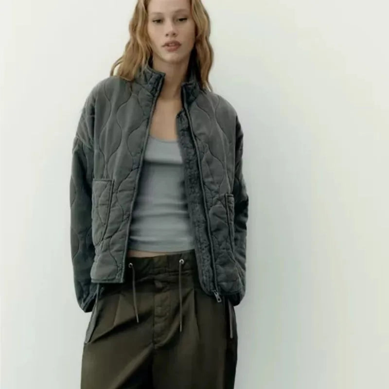 ZW Women's Cotton Jacket Vintage Quilted Coat High Collar Large Pockets