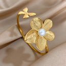 Greatera Stainless Steel Flower Cuff Bracelet Gold Floral Bangle Women