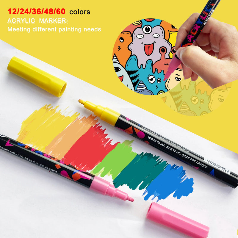 12-60 Colors Acrylic Paint Markers Pen 1-2mm Valve For Painting