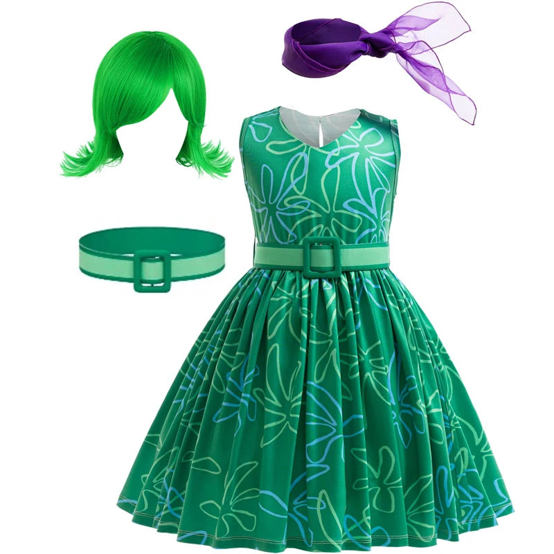 Girls Halloween Costume Set Sleeveless Floral Skirt Belt Scarf Wig