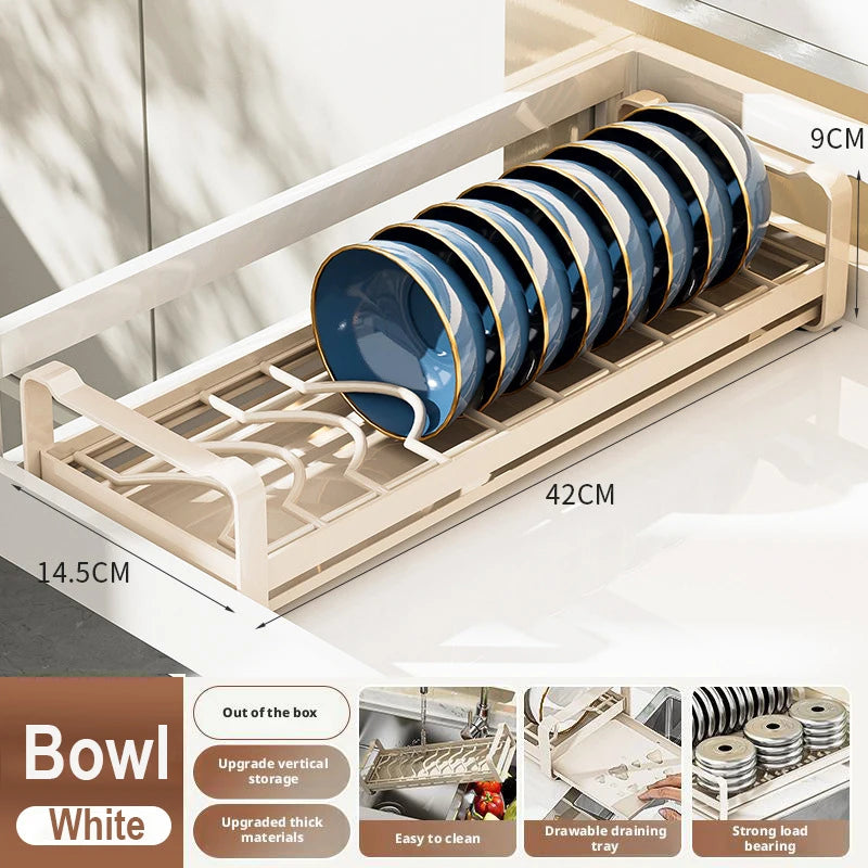 Pull Out Cabinet Shelf Stainless Steel Plate And Bowl Rack Organizer