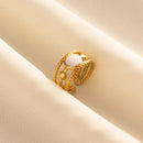 Bohemian Adjustable Stainless Steel Ring White Enamel Gold Color