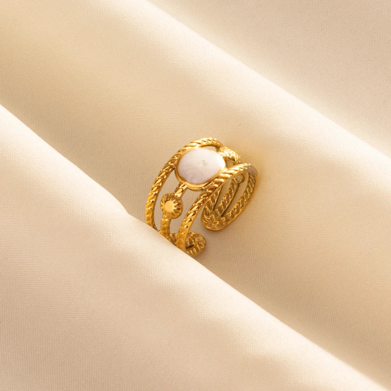 Bohemian Adjustable Stainless Steel Ring White Enamel Gold Color
