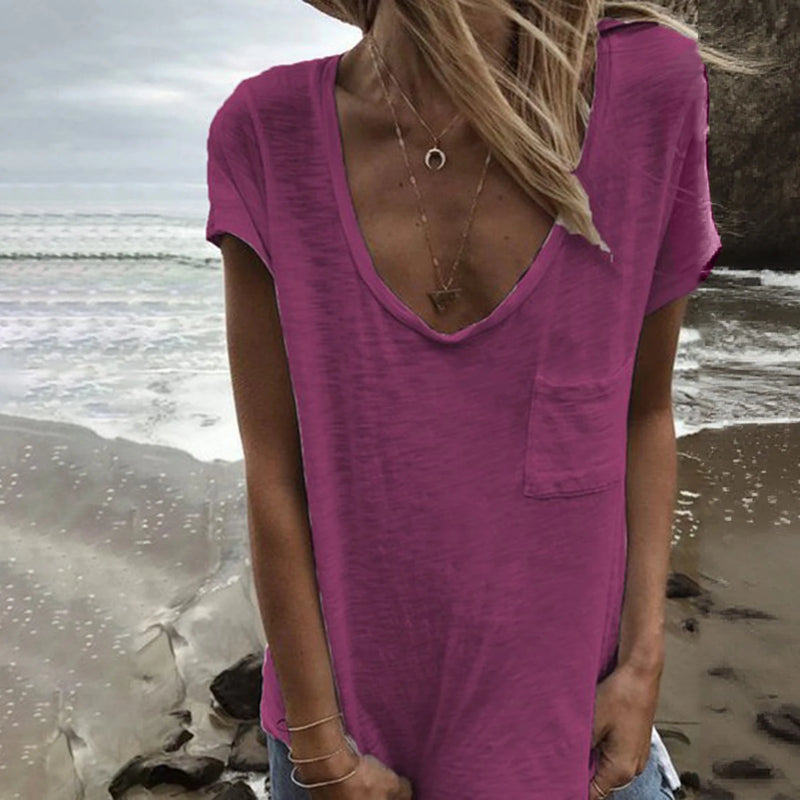 Plus Size Women's T-Shirt Candy Color V Neck Short Sleeve Summer Top