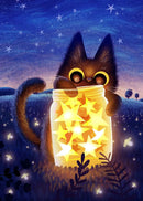 Black Cat Canvas Wall Art Moon Star Forest Cartoon Illustration