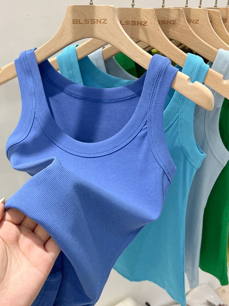 Zjaiss Women Ribbed Tank Top Solid Round Neck Stretchy Camisole
