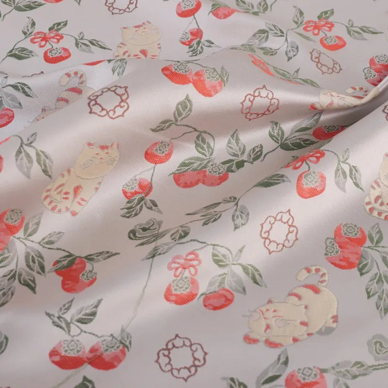 Persimmon Blessing Cat Pattern National Style Brocade Fabric DIY