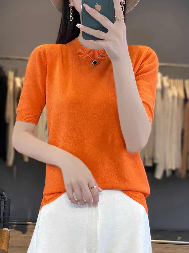 Women Short-Sleeved Knitwear Top O-Neck Lyocell Summer Tee