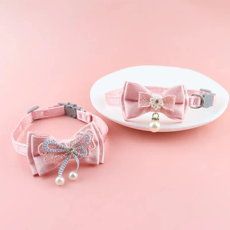 Pet Collar Pink Lace Bow Bell Adjustable Cat Dog Accessories