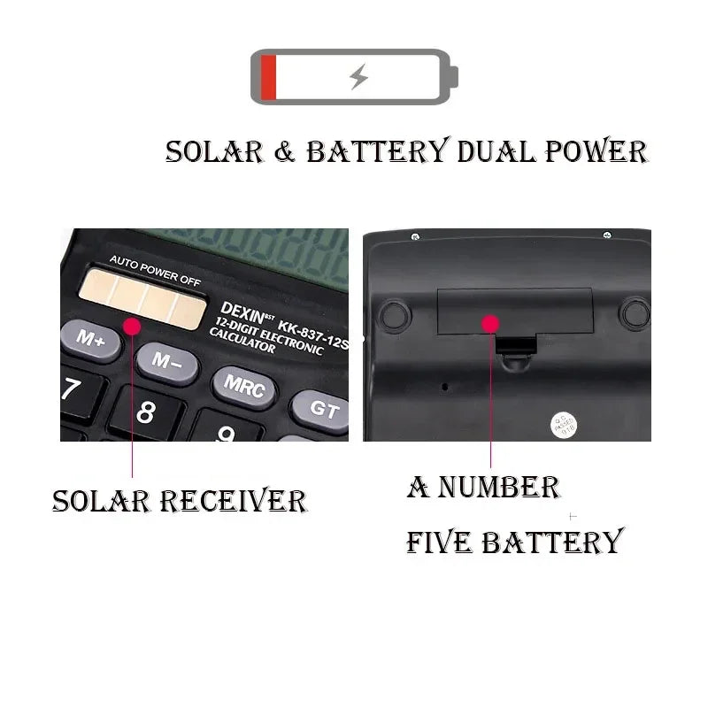 12 Digit Calculator Solar Battery Dual Power Large LCD Display