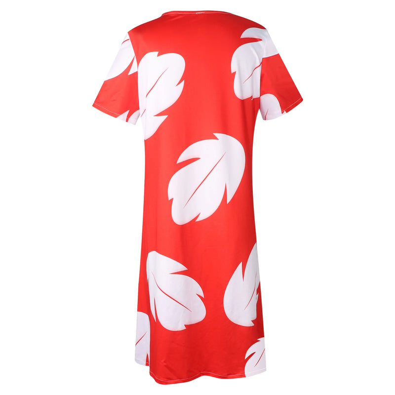 Lilo Costume Women Red Hawaiian Leaf Print Short Sleeve Dress