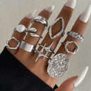 15Pcs Metal Rings Set Irregular Lines Water Droplet Design