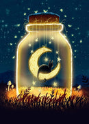 Black Cat Canvas Wall Art Moon Star Forest Cartoon Illustration