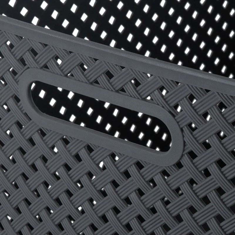 Large Gray Resin Wicker Storage Bin With Handles For Organizing