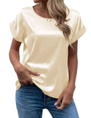Women's Satin Shirt Short Sleeve Loose Casual Round Neck T-shirt