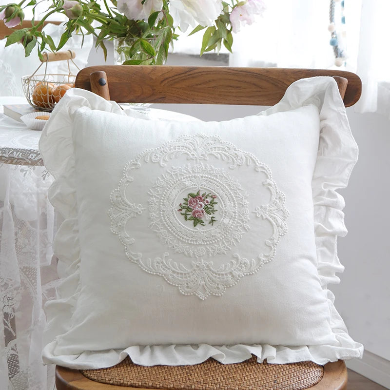 French Lace Cotton Decorative Pillow Cover White Square Cushion