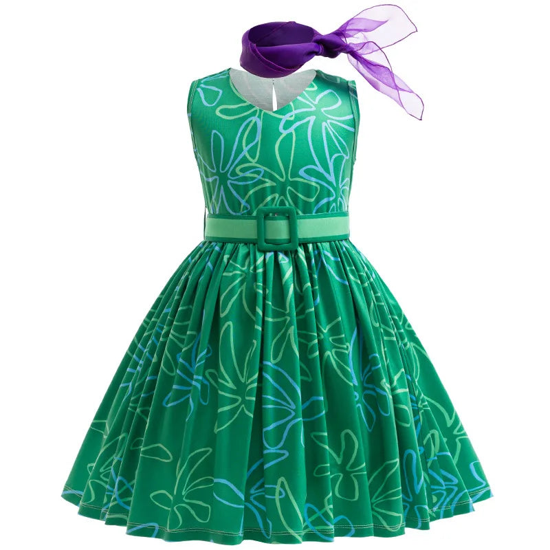 Girls Halloween Costume Set Sleeveless Floral Skirt Belt Scarf Wig