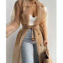 Women's Mesh Trench Coat Transparent Long Lace-up Belted Shirt