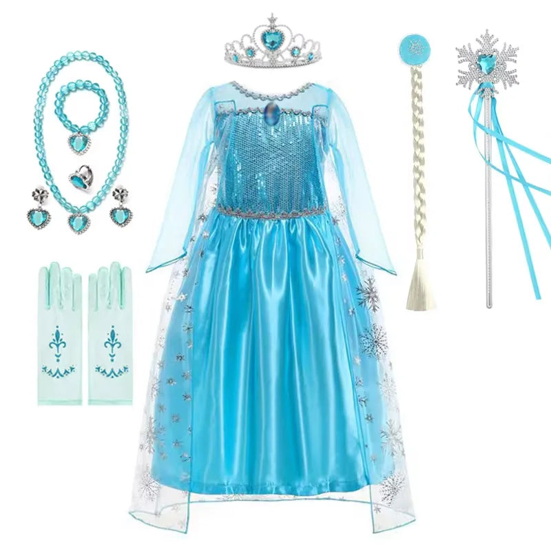 Elsa Anna Princess Dress Girls Mesh Sequin Snow Queen Costume Gown