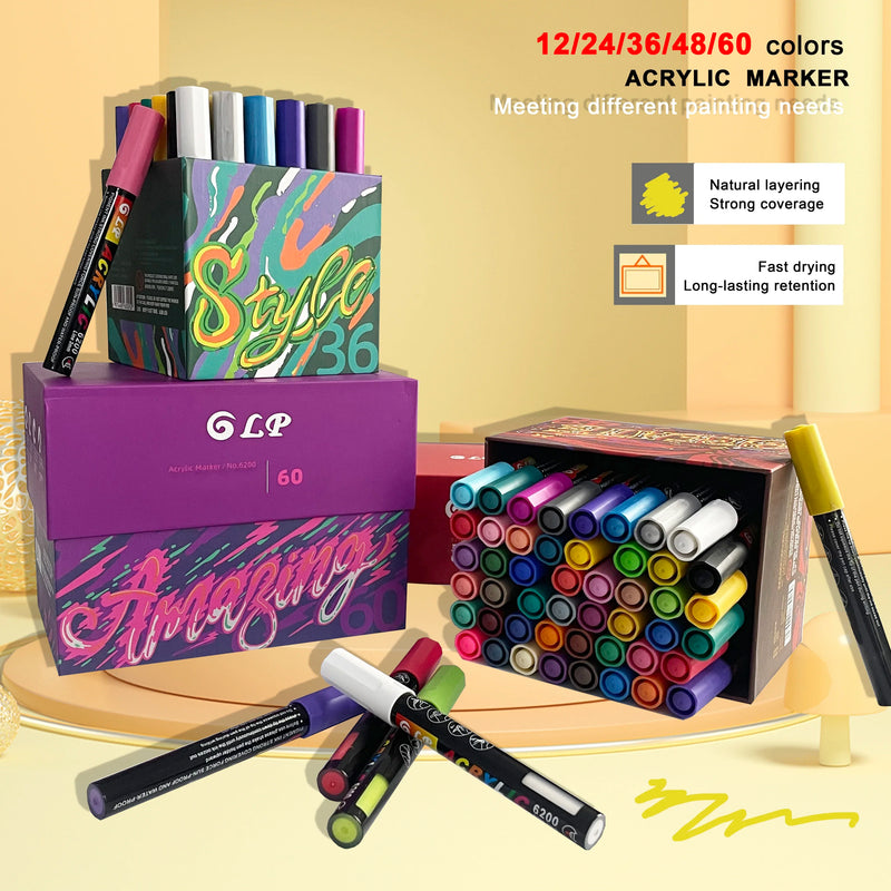 12-60 Colors Acrylic Paint Markers 2-3mm Tip Waterproof Art Pens