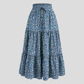 Boho Floral Maxi Skirt Elastic Waist Pleated Flowy Long Skirt