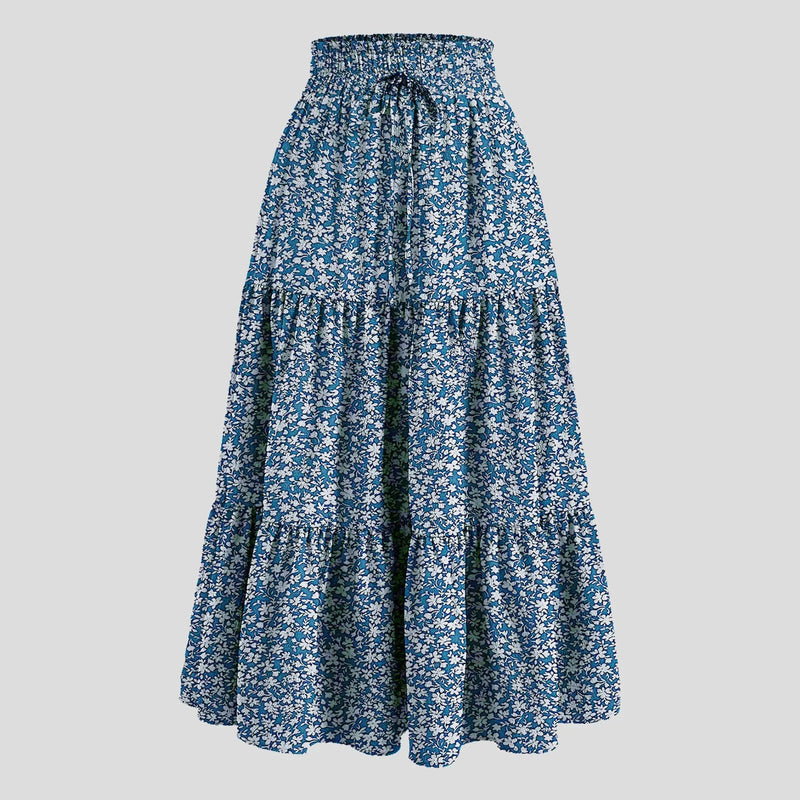 Boho Floral Maxi Skirt Elastic Waist Pleated Flowy Long Skirt