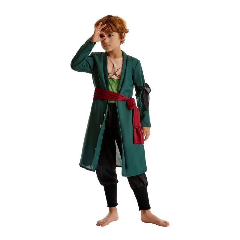 Roronoa Zoro Cosplay Costume Green Coat Pants Scarf Wig Earrings