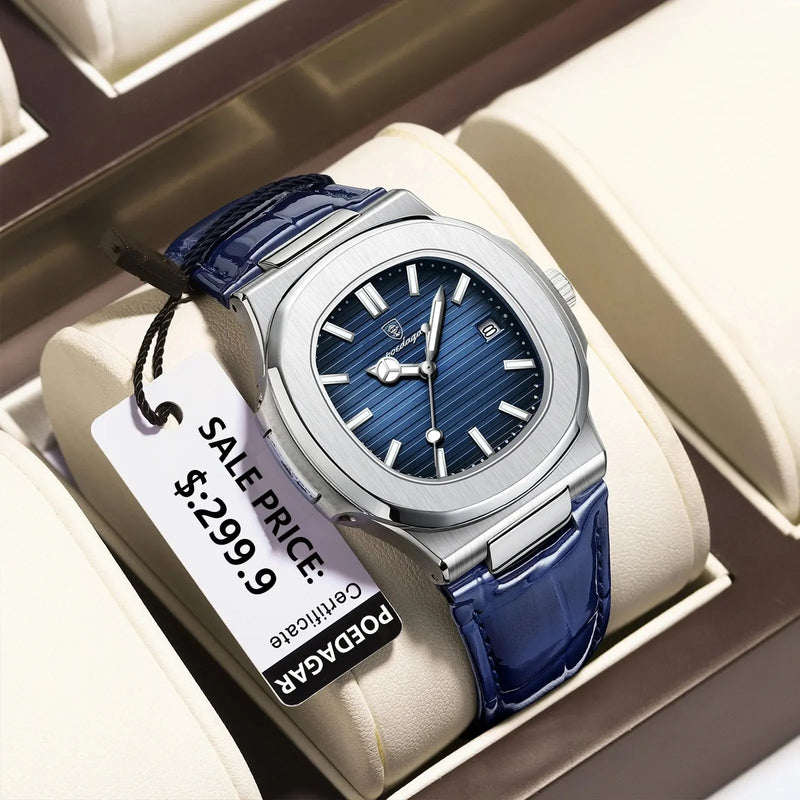 POEDAGAR Casual Square Men's Leather Quartz Watch Waterproof Luminous