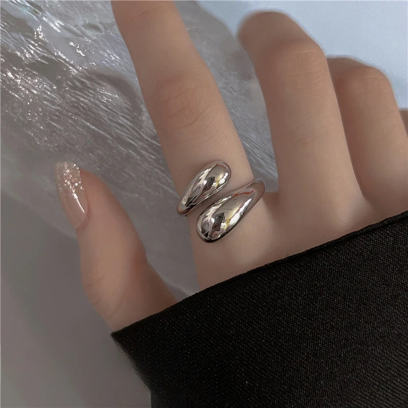 Stainless Steel Double Ball Beads Rings Open Gold Geometric Jewelry