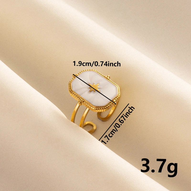 Bohemian Adjustable Stainless Steel Ring White Enamel Gold Color