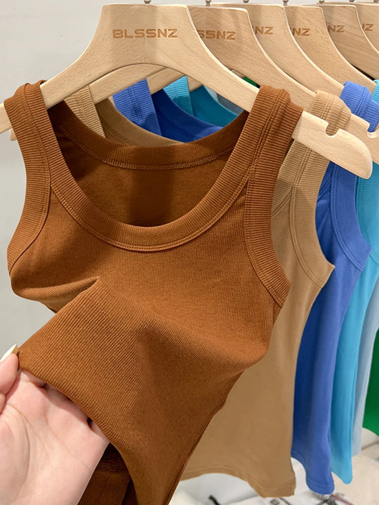 Zjaiss Women Ribbed Tank Top Solid Round Neck Stretchy Camisole