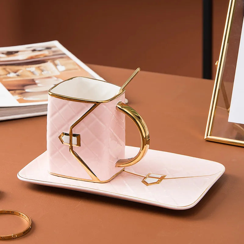 Ceramic Coffee Cup And Saucer Set With Creative Bag Shape Tray