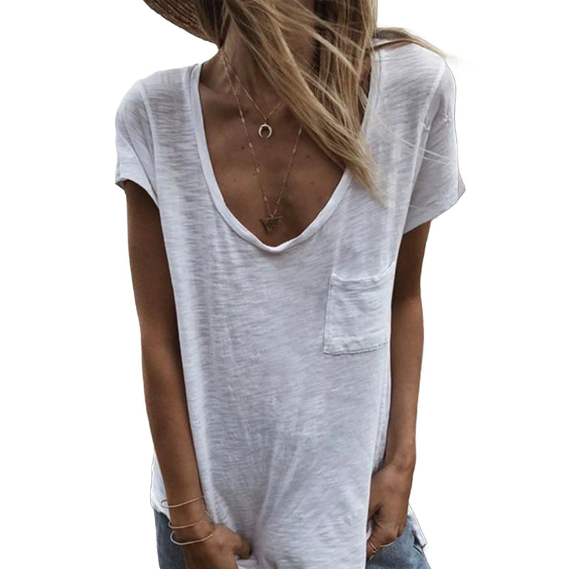 Plus Size Women's T-Shirt Candy Color V Neck Short Sleeve Summer Top