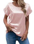 Women's Satin Shirt Short Sleeve Loose Casual Round Neck T-shirt