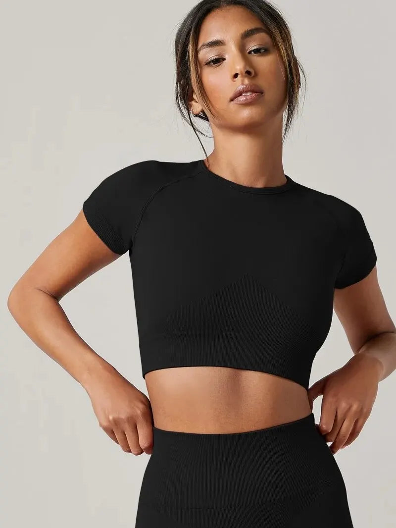 Women Yoga Top Seamless Short Sleeve Sport Shirt Fitness Activewear