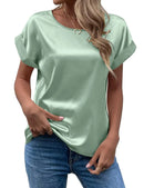 Women's Satin Shirt Short Sleeve Loose Casual Round Neck T-shirt