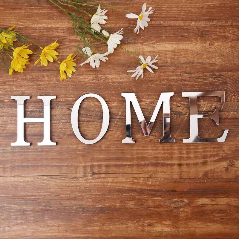 3D Silver English Letters Wall Stickers Acrylic Mirror Home Decor