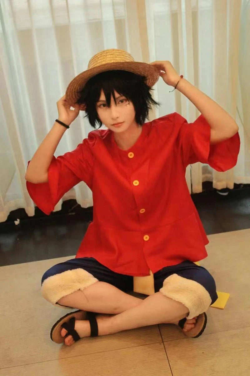 Luffy Cosplay Costume Monkey D Red Top Pants Hat For Adults Kids