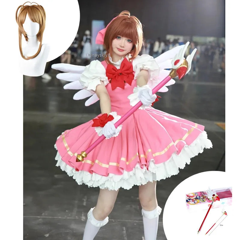 Cardcaptor Sakura Cosplay Costume Kinomoto Sakura Pink Dress Wig Set