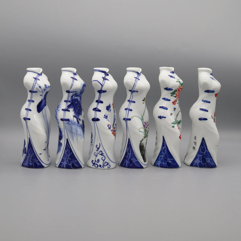 Hand Painted Ceramic Cheongsam Figurine Small Elegant Vase Decor