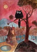 Black Cat Canvas Wall Art Moon Star Forest Cartoon Illustration