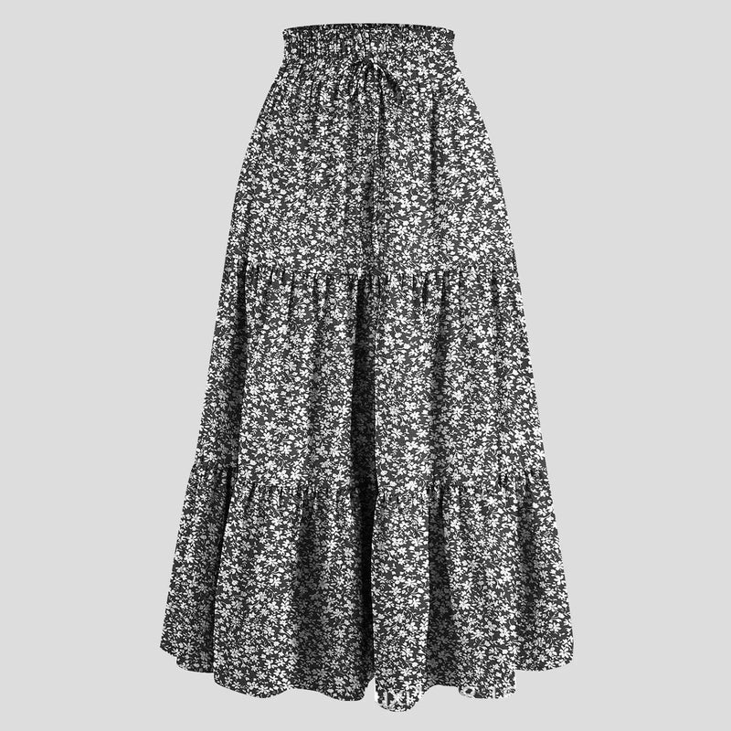 Boho Floral Maxi Skirt Elastic Waist Pleated Flowy Long Skirt