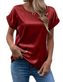 Women's Satin Shirt Short Sleeve Loose Casual Round Neck T-shirt