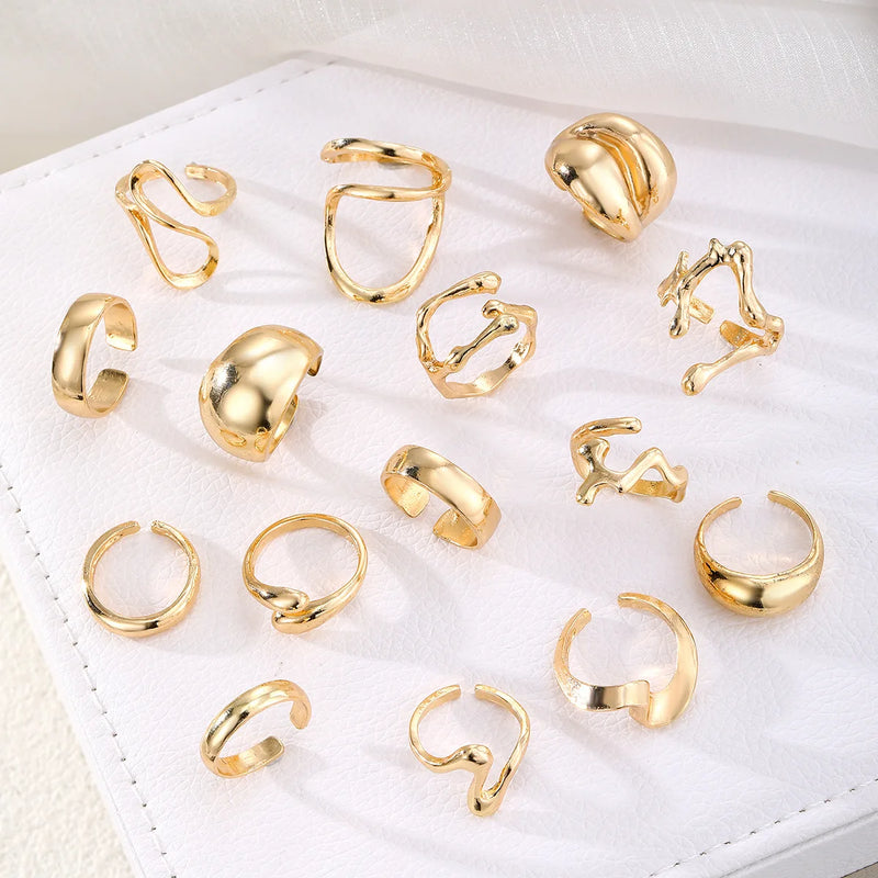 15Pcs Metal Rings Set Irregular Lines Water Droplet Design