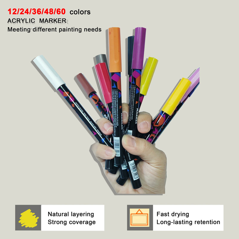 12-60 Colors Acrylic Paint Markers Pen 1-2mm Valve For Painting