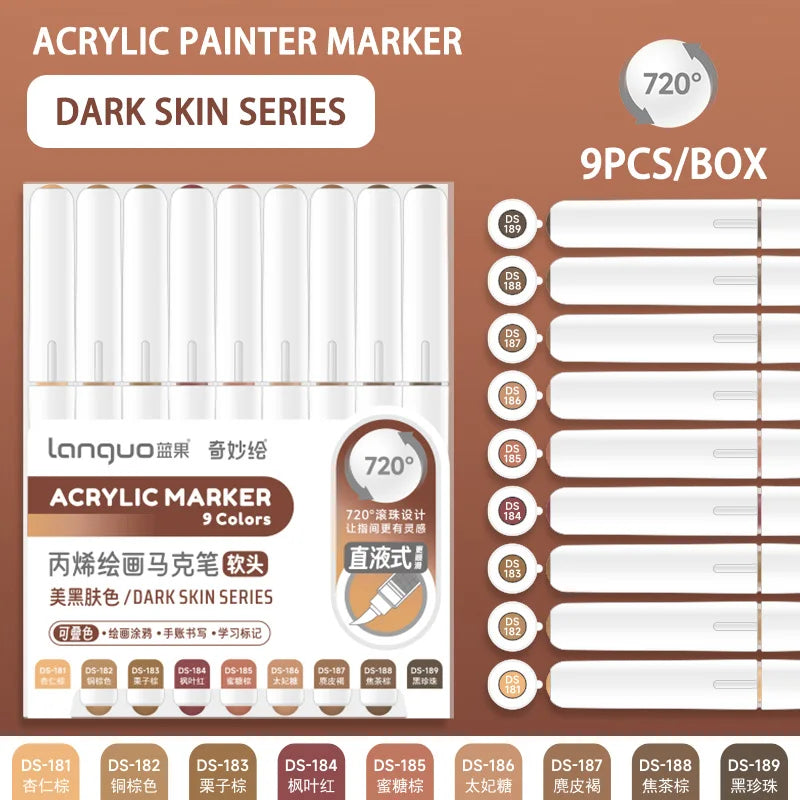 Languo 9pcs Acrylic Marker Pen Set Soft Brush Paint Pens For Art