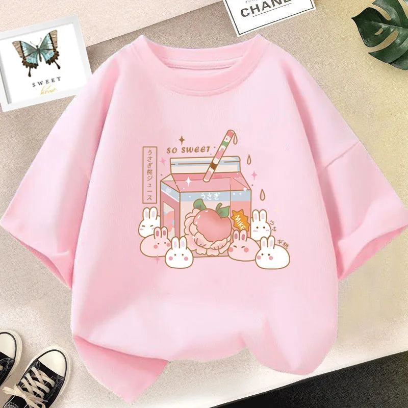 Girls Strawberry Milk Shake T-shirt Cute Pink Cartoon Short Sleeve Tee
