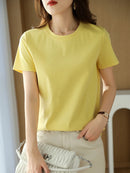 Women Silk T-shirts Mercerized Cotton O Neck Short Sleeve Casual Tops