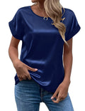 Women's Satin Shirt Short Sleeve Loose Casual Round Neck T-shirt